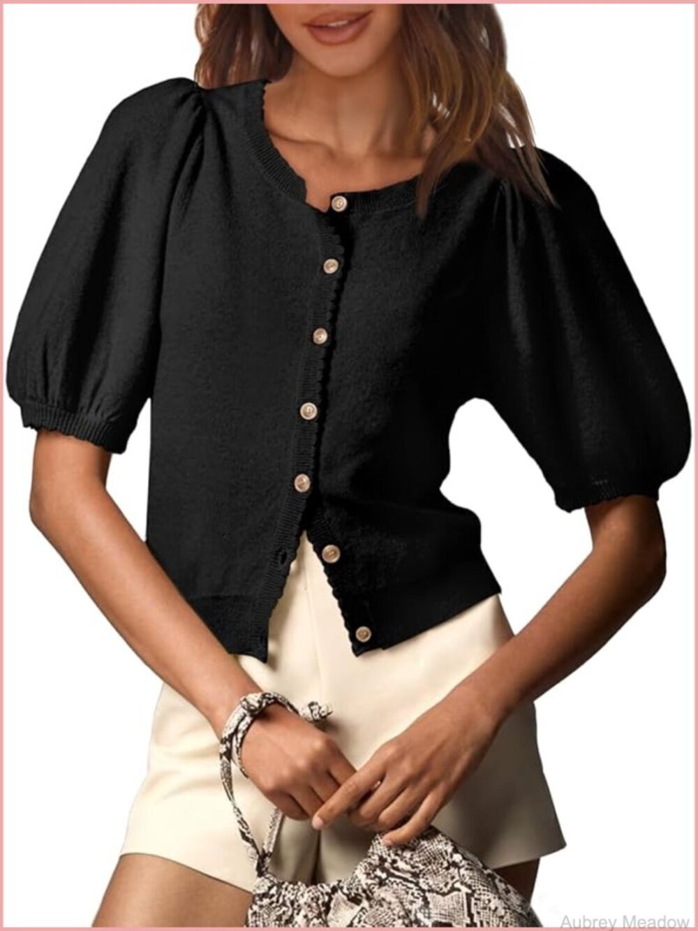 Womens Puff Short Sleeve Cardigan Lightweight Summer Knit Sweater Top Button